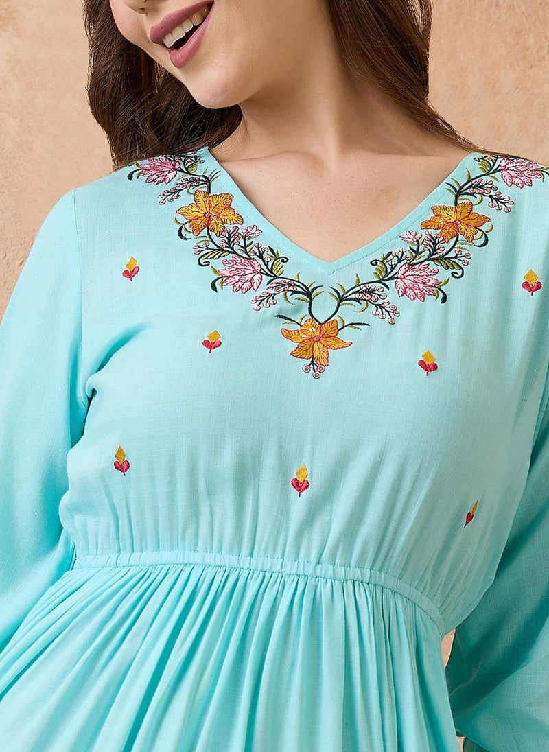 Globus Women V-Neck Floral Embroidered Yoke Fit And Flare Tiered Maxi Fusion Dress - Image 5